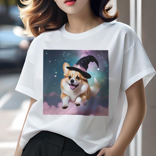 Tシャツ レディース 犬ファン 半袖 春夏 犬柄 プリント カジュアル かわいい 人間用 フィットネス ダンス 魔法の帽子 コーギー 星 雲 夜空 Tシャツ レディース 犬ファン 半袖 春夏 犬柄 プリント カジュアル かわいい 人間用 フィットネス ダンス 魔法の帽子 コーギー 星 雲 夜空