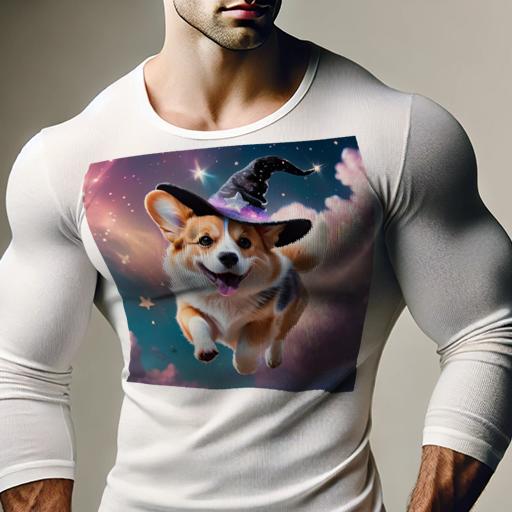 長袖Tシャツ 人間用 メンズ 秋春夏 プリント レジャー アウトドア カジュアル かわいい 犬ファン 魔法の帽子 ウェルシュコーギー 星 ピンクの雲 夜空