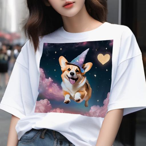 Tシャツ メンズ キッズ 犬ファン 半袖 春夏 犬柄 プリント カジュアル かわいい 人間用 フィットネス ダンス 魔法の帽子 ウェルシュコーギー ハート 星 雲