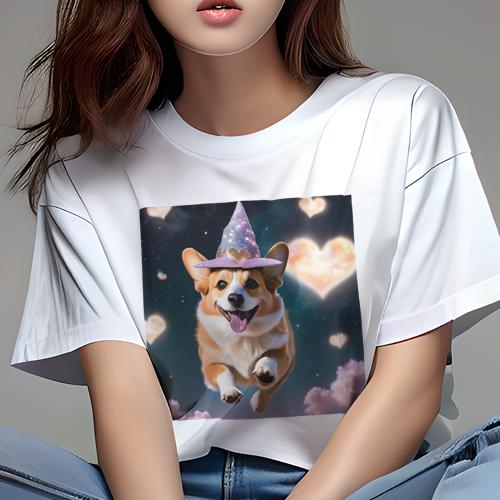 Tシャツ レディース 犬ファン 半袖 春夏 犬柄 プリント カジュアル かわいい 人間用 フィットネス ダンス 魔法の帽子 コーギー 星空 ハート ファンタジー Tシャツ レディース 犬ファン 半袖 春夏 犬柄 プリント カジュアル かわいい 人間用 フィットネス ダンス 魔法の帽子 コーギー 星空 ハート ファンタジー