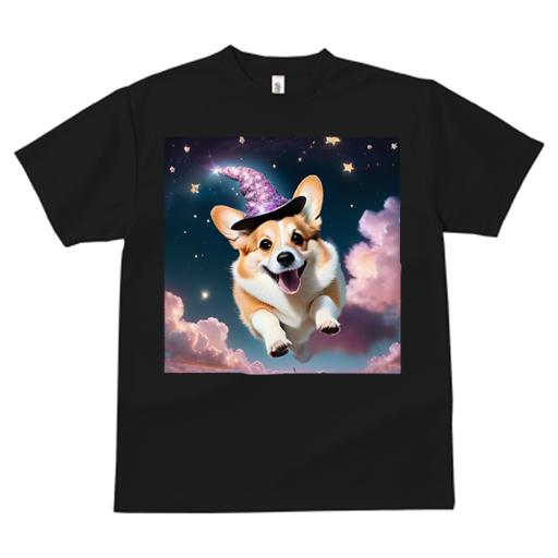 Tシャツ レディース 犬ファン 半袖 春夏 犬柄 プリント カジュアル かわいい 人間用 フィットネス ダンス 魔法の帽子 ウェルシュコーギーペンブローク 空 星 雲