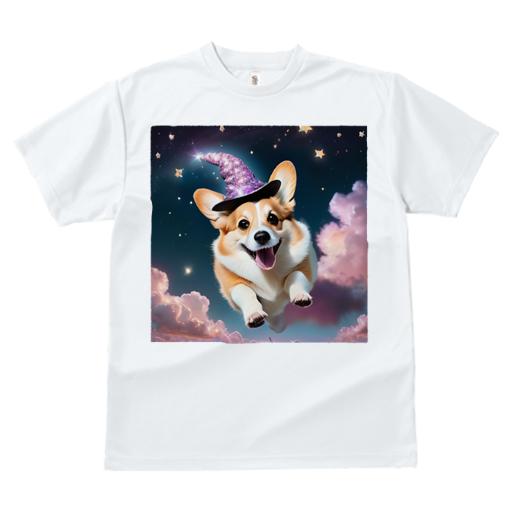 Tシャツ レディース 犬ファン 半袖 春夏 犬柄 プリント カジュアル かわいい 人間用 フィットネス ダンス 魔法の帽子 ウェルシュコーギーペンブローク 空 星 雲