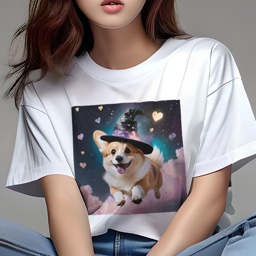 Tシャツ レディース 犬ファン 半袖 春夏 犬柄 プリント カジュアル かわいい 人間用 フィットネス ダンス 魔法の帽子 コーギー ハート 雲 宇宙