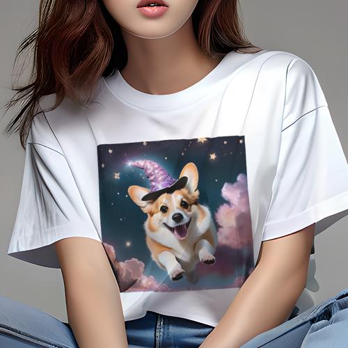 Tシャツ レディース 犬ファン 半袖 春夏 犬柄 プリント カジュアル かわいい 人間用 フィットネス ダンス 魔法の帽子 ウェルシュコーギーペンブローク 空 星 雲 Tシャツ レディース 犬ファン 半袖 春夏 犬柄 プリント カジュアル かわいい 人間用 フィットネス ダンス 魔法の帽子 ウェルシュコーギーペンブローク 空 星 雲