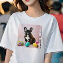 Tシャツ レディース 犬ファン 半袖 春夏 犬柄 プリント カジュアル かわいい 人間用 フィットネス ダンス カラフルな卵 フレンチブルドッグ ポップアート(4)
