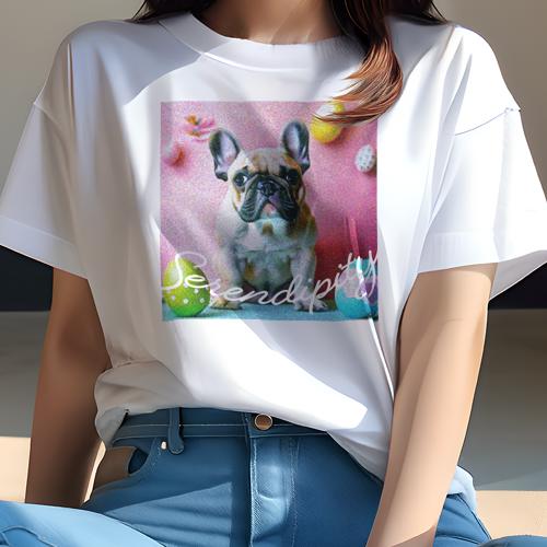 Tシャツ レディース 犬ファン 半袖 春夏 犬柄 プリント カジュアル かわいい 人間用 フィットネス ダンス イースターエッグ フレンチブルドッグ ピンクの背景 カラフルな卵 可愛い犬