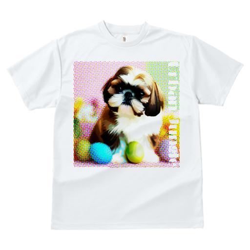 Tシャツ レディース 犬ファン 半袖 春夏 犬柄 プリント カジュアル かわいい 人間用 フィットネス ダンス カラフルな背景 シーズー 卵 ポップアート