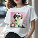 Tシャツ レディース 犬ファン 半袖 春夏 犬柄 プリント カジュアル かわいい 人間用 フィットネス ダンス カラフルな背景 シーズー おもちゃ