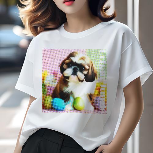 Tシャツ レディース 犬ファン 半袖 春夏 犬柄 プリント カジュアル かわいい 人間用 フィットネス ダンス カラフルな背景 シーズー 卵 ポップアート