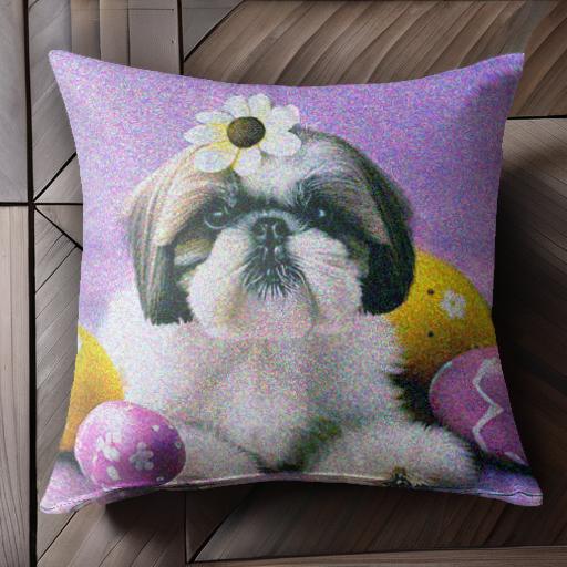 花 シーズー イースターエッグ 紫色バックグラウンド クッションカバー 45×45cm アニマル柄 おしゃれ 可愛い クッション本体付き 正方形 犬ファン