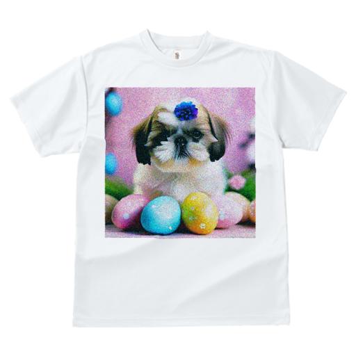 Tシャツ レディース 犬ファン 半袖 春夏 犬柄 プリント カジュアル かわいい 人間用 フィットネス ダンス 花 シーズー イースターエッグ ピンクの背景