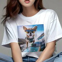 Tシャツ レディース 犬ファン 半袖 春夏 犬柄 プリント カジュアル かわいい 人間用 フィットネス ダンス サーフィン チワワ サングラス 青い空 波 海(4)