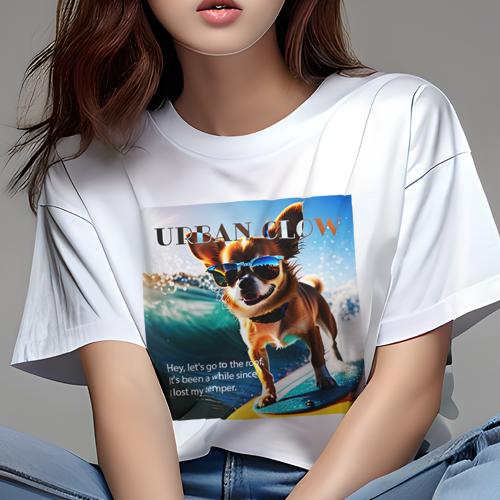 Tシャツ レディース 犬ファン 半袖 春夏 犬柄 プリント カジュアル かわいい 人間用 フィットネス ダンス サングラス チワワ サーフィン 海 波
