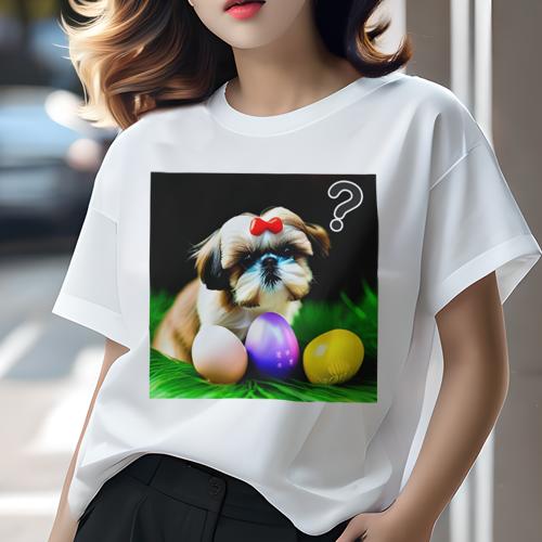 Tシャツ レディース 犬ファン 半袖 春夏 犬柄 プリント カジュアル かわいい 人間用 フィットネス ダンス イースターエッグ シーズー 赤いリボン 草 質問マーク Tシャツ レディース 犬ファン 半袖 春夏 犬柄 プリント カジュアル かわいい 人間用 フィットネス ダンス イースターエッグ シーズー 赤いリボン 草 質問マーク