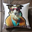 サングラス ボーダーコリー コート カラフル ファッション テキスト クッションカバー 45×45cm アニマル柄 おしゃれ 可愛い クッション本体付き 正方形...
