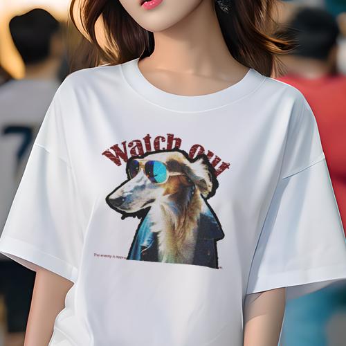 Tシャツ レディース 犬ファン 半袖 春夏 犬柄 プリント カジュアル かわいい 人間用 フィットネス ダンス サングラス ボルゾイ ジャケット 警告