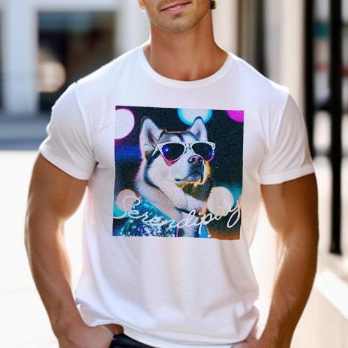 楽天フロントップ楽天市場店Tシャツ メンズ キッズ 犬ファン 半袖 春夏 犬柄 プリント カジュアル かわいい 人間用 フィットネス ダンス サングラス シベリアンハスキー キラキラ 夜景 文字