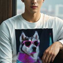 長袖Tシャツ 人間用 メンズ 秋春夏 プリント レジャー アウトドア カジュアル かわいい 犬ファン サングラス シベリアンハスキー 夜景 ピンクのコート