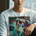 長袖Tシャツ 人間用 メンズ 秋春夏 プリント レジャー アウトドア カジュアル かわいい 犬ファン サングラス ボーダーコリー コート クエスチョンマーク 車