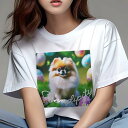 Tシャツ レディース 犬ファン 半袖 春夏 犬柄 プリント カジュアル かわいい 人間用 フィットネス ダンス イースターエッグ ポメラニアン 芝生 花(4)