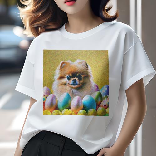 Tシャツ レディース 犬ファン 半袖 春夏 犬柄 プリント カジュアル かわいい 人間用 フィットネス ダンス イースターエッグ ポメラニアン イースター パステルカラー