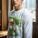長袖Tシャツ 人間用 メンズ 秋春夏 プリント レジャー アウトドア カジュアル かわいい 犬ファン たまご ポメラニアン パステルカラー ポップアート アーバンジャングル