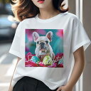 Tシャツ レディース 犬ファン 半袖 春夏 犬柄 プリント カジュアル かわいい 人間用 フィットネス ダンス 花 フレンチブルドッグ イースターエッグ