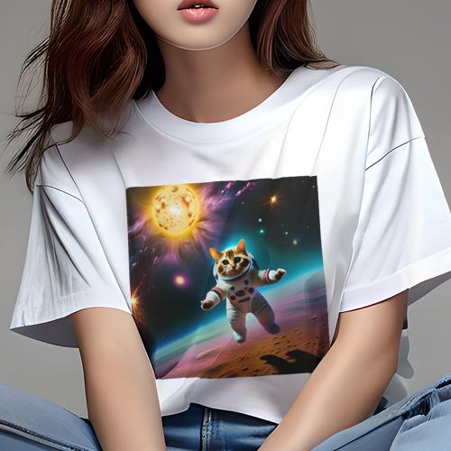 Tシャツ レディース 犬ファン 半袖 春夏 犬柄 プリント カジュアル かわいい 人間用 フィットネス ダンス 宇宙猫 宇宙遊泳 惑星 星 宇宙服(4)