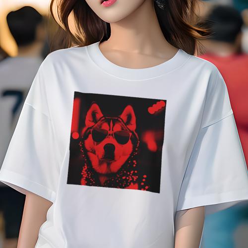 Tシャツ レディース 犬ファン 半袖 春夏 犬柄 プリント カジュアル かわいい 人間用 フィットネス ダンス サングラス シベリアンハスキー 赤色 夜