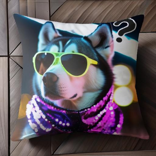 サングラス ハスキー マフラー ネオンライト クエスチョンマーク クッションカバー 45×45cm アニマル柄 おしゃれ 可愛い クッション本体付き 正方形 犬ファン