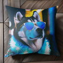 サングラス シベリアンハスキー 光るコート 夜景 街灯 クッションカバー 45×45cm アニマル柄 おしゃれ 可愛い クッション本体付き 正方形 犬ファン