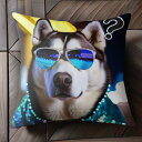 サングラス シベリアンハスキー 青いジャケット クエスチョンマーク クッションカバー 45×45cm アニマル柄 おしゃれ 可愛い クッション本体付き 正方形 犬ファン