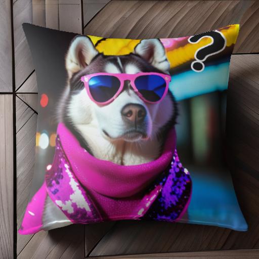 サングラス シベリアンハスキー ピンクのマフラー ネオンライト クッションカバー 45×45cm アニマル柄 おしゃれ 可愛い クッション本体付き 正方形 犬ファン