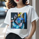 Tシャツ レディース 犬ファン 半袖 春夏 犬柄 プリント カジュアル かわいい 人間用 フィットネス ダンス サングラス シベリアンハスキー 光るコート 夜景...