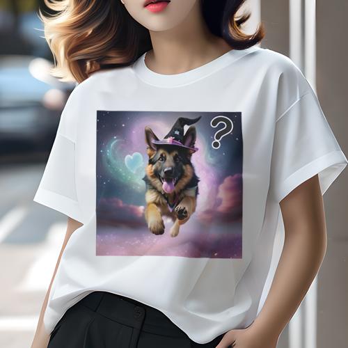 Tシャツ レディース 犬ファン 半袖 春夏 犬柄 プリント カジュアル かわいい 人間用 フィットネス ダンス 魔法使いの帽子 ジャーマンシェパード ハート ファンタジー 星 雲
