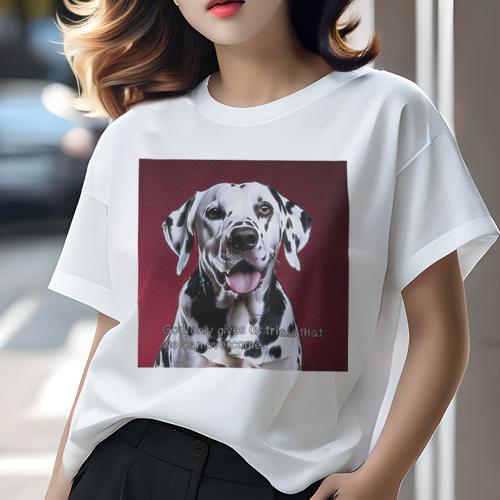 Tシャツ レディース 犬ファン 半袖 春夏 犬柄 プリント カジュアル かわいい 人間用 フィットネス ダンス 赤い背景 ダルメシアン 立ち耳 黒い斑点