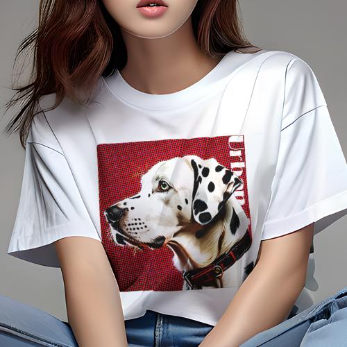 Tシャツ レディース 犬ファン 半袖 春夏 犬柄 プリント カジュアル かわいい 人間用 フィットネス ダンス 赤い背景 ダルメシアン ポップアート 首輪