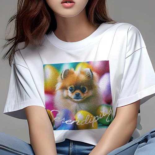 Tシャツ レディース 犬ファン 半袖 春夏 犬柄 プリント カジュアル かわいい 人間用 フィットネス ダンス カラフルな卵 ポメラニアン Serendipity