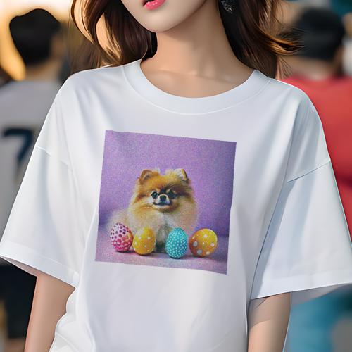 Tシャツ レディース 犬ファン 半袖 春夏 犬柄 プリント カジュアル かわいい 人間用 フィットネス ダンス イースターエッグ ポメラニアン ピンクの背景 飾り卵