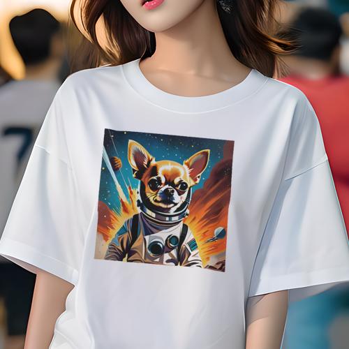 Tシャツ レディース 犬ファン 半袖 春夏 犬柄 プリント カジュアル かわいい 人間用 フィットネス ダンス 宇宙 チワワ 宇宙服 惑星 ロケット 宇宙旅行