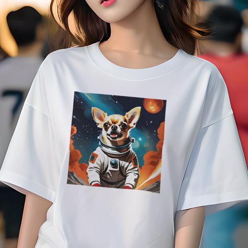 Tシャツ レディース 犬ファン 半袖 春夏 犬柄 プリント カジュアル かわいい 人間用 フィットネス ダンス 宇宙飛行士 チワワ 宇宙 犬