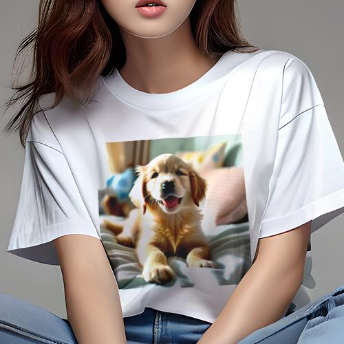 Tシャツ レディース 犬ファン 半袖 春夏 犬柄 プリント カジュアル かわいい 人間用 フィットネス ダンス ベッド ゴールデンレトリバー 枕 笑顔(4)