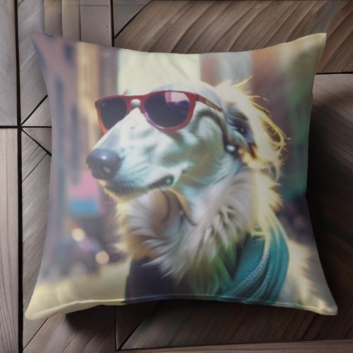 サングラス ボルゾイ マフラー 街中 クッションカバー 45×45cm アニマル柄 おしゃれ 可愛い クッション本体付き 正方形 犬ファン