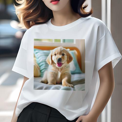 Tシャツ レディース 犬ファン 半袖 春夏 犬柄 プリント カジュアル かわいい 人間用 フィットネス ダンス ベッド ゴールデンレトリーバー クッション 窓
