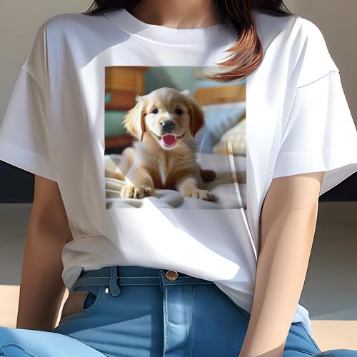 Tシャツ レディース 犬ファン 半袖 春夏 犬柄 プリント カジュアル かわいい 人間用 フィットネス ダンス ベッド ゴールデンレトリバー 枕