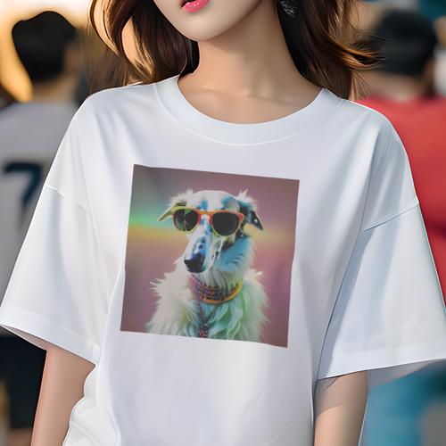 楽天フロントップ楽天市場店Tシャツ レディース 犬ファン 半袖 春夏 犬柄 プリント カジュアル かわいい 人間用 フィットネス ダンス サングラス ボルゾイ カラフル アクセサリー 虹色 おしゃれ