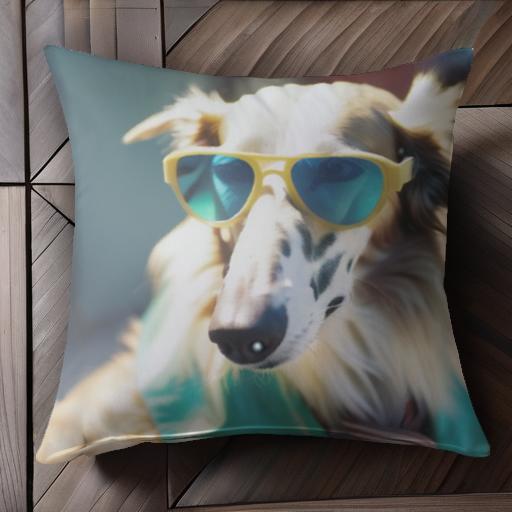 サングラス ボルゾイ 青色 スカーフ ストライプネクタイ クッションカバー 45×45cm アニマル柄 おしゃれ 可愛い クッション本体付き 正方形 犬ファン