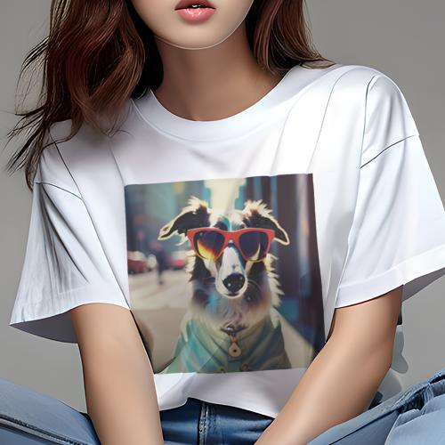 Tシャツ レディース 犬ファン 半袖 春夏 犬柄 プリント カジュアル かわいい 人間用 フィットネス ダンス サングラス ボーダーコリー 洋服 街(4)