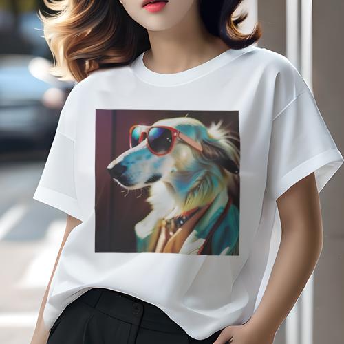 Tシャツ レディース 犬ファン 半袖 春夏 犬柄 プリント カジュアル かわいい 人間用 フィットネス ダンス サングラス ボルゾイ 洋服