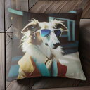 サングラス ボルゾイ コート 街 クッションカバー 45×45cm アニマル柄 おしゃれ 可愛い クッション本体付き 正方形 犬ファン